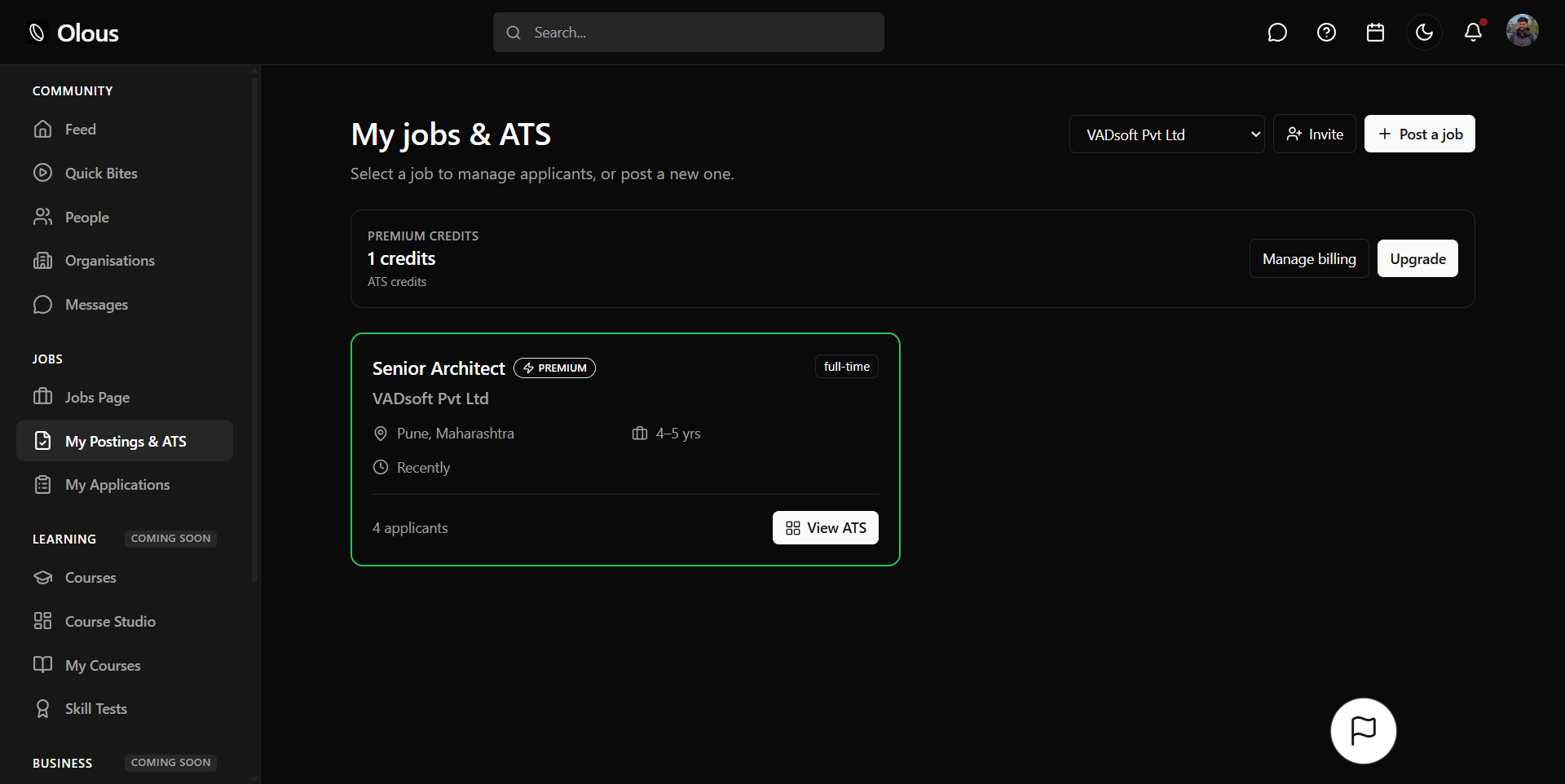 Recruiter ATS dashboard on Olous