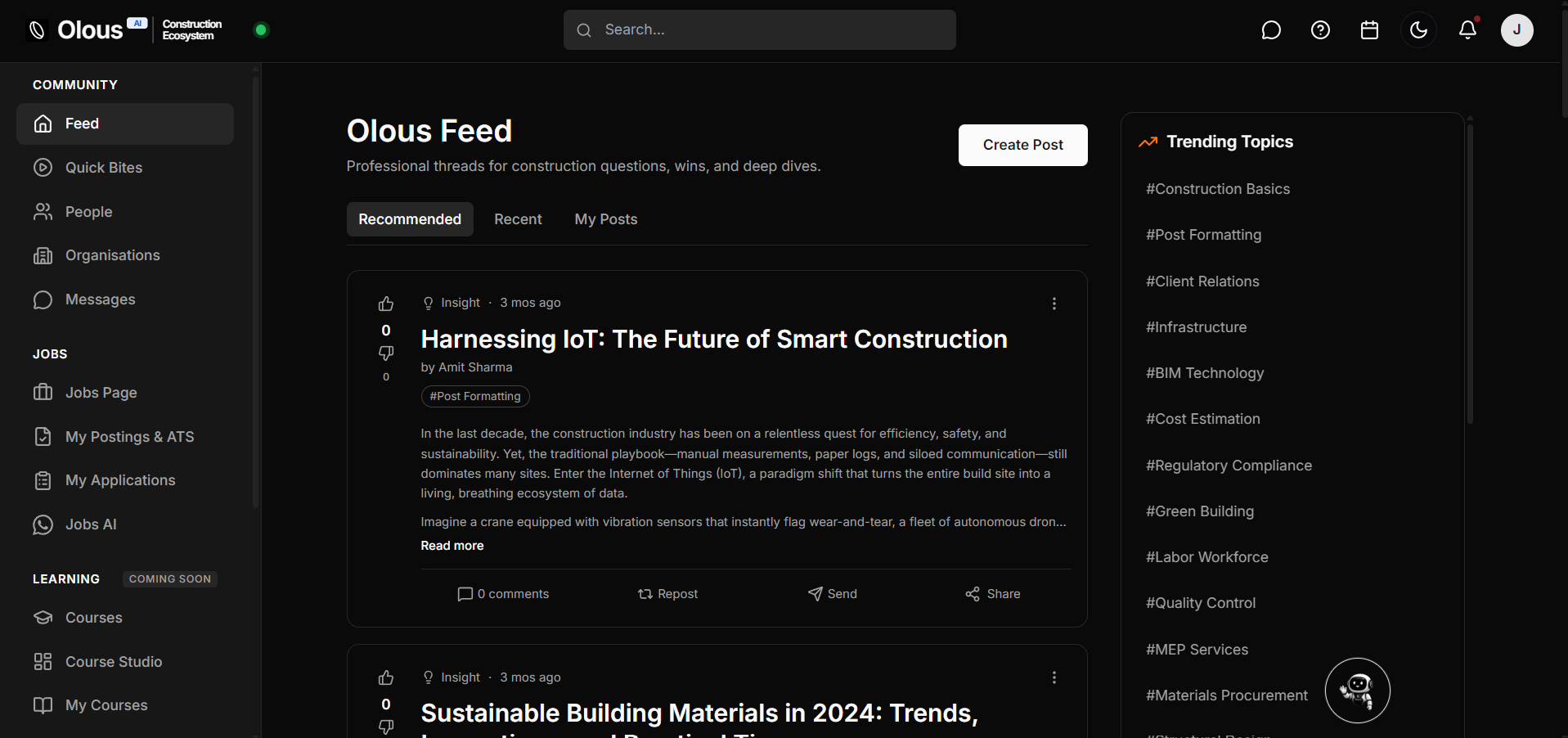 Olous — construction community feed, jobs, and careers in one workspace