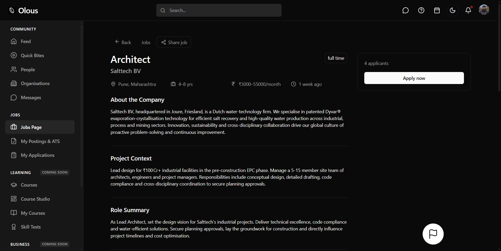 Job detail page with apply action on Olous