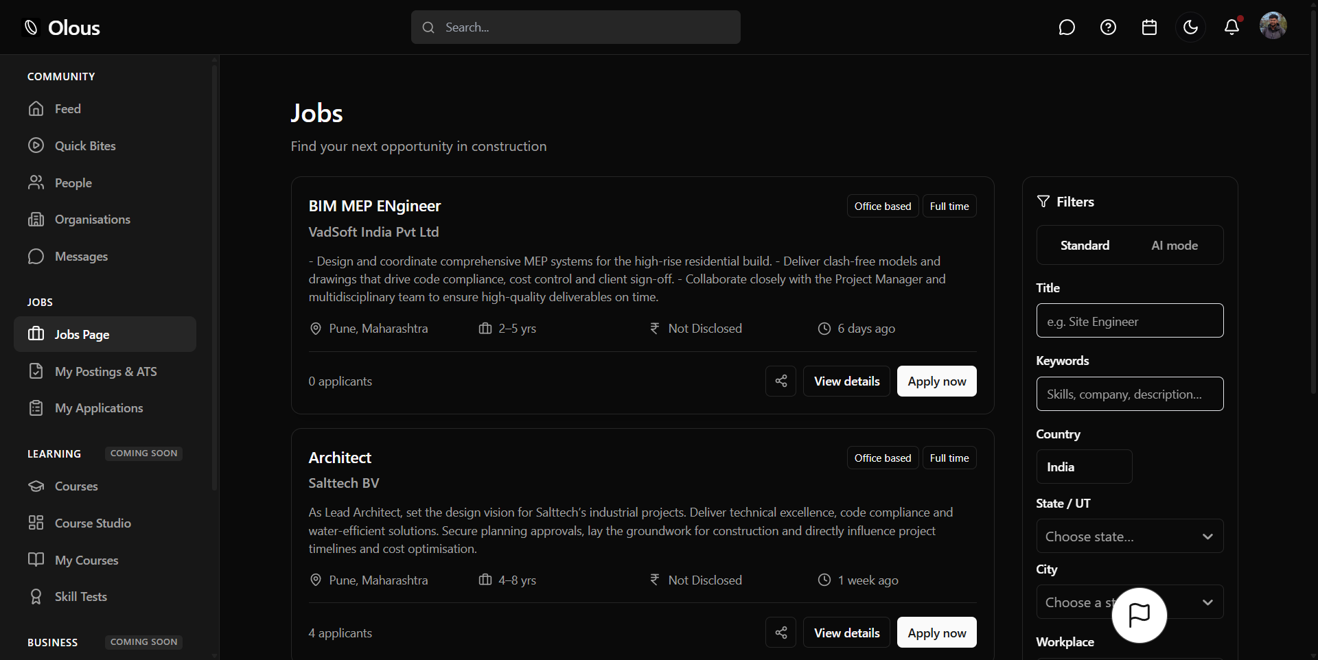 Construction jobs marketplace with AI mode on Olous