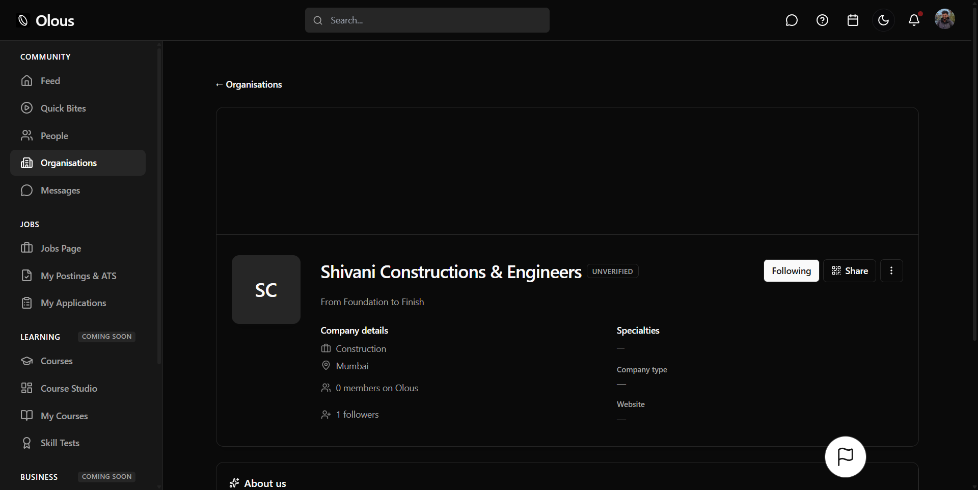 Organisation profile page on Olous
