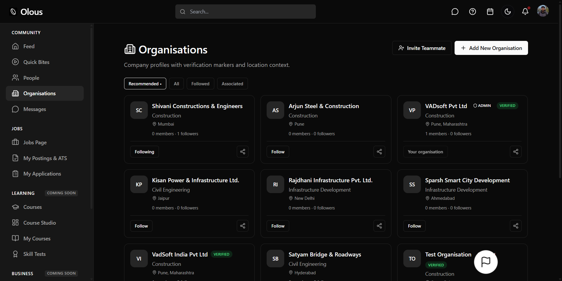 Organisations directory on Olous