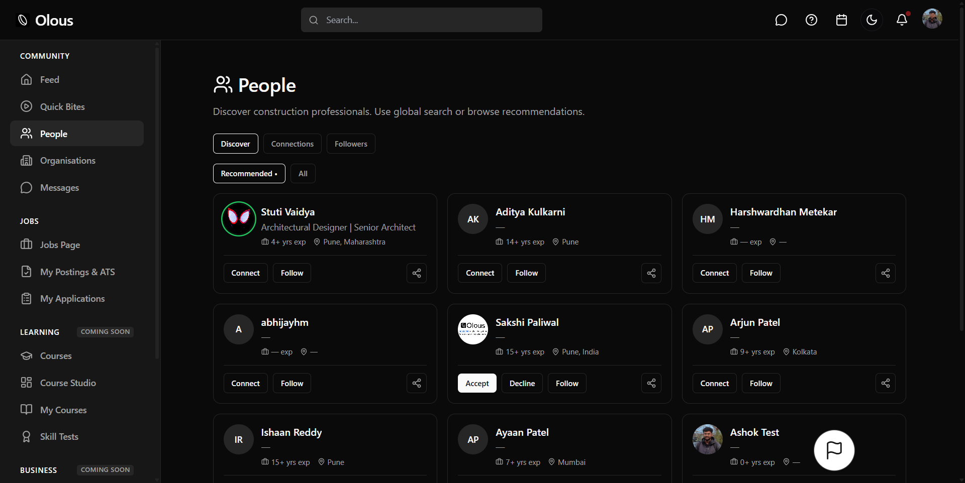People directory on Olous construction network