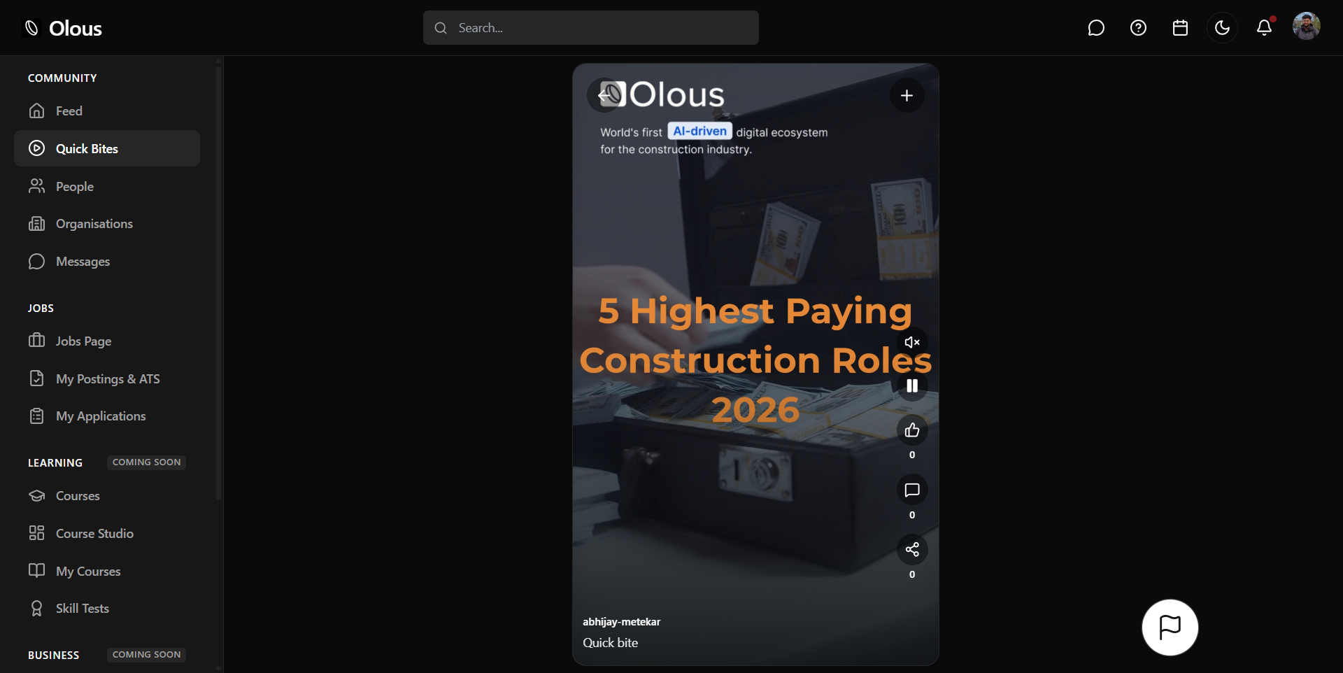 Quick Bites vertical video viewer on Olous
