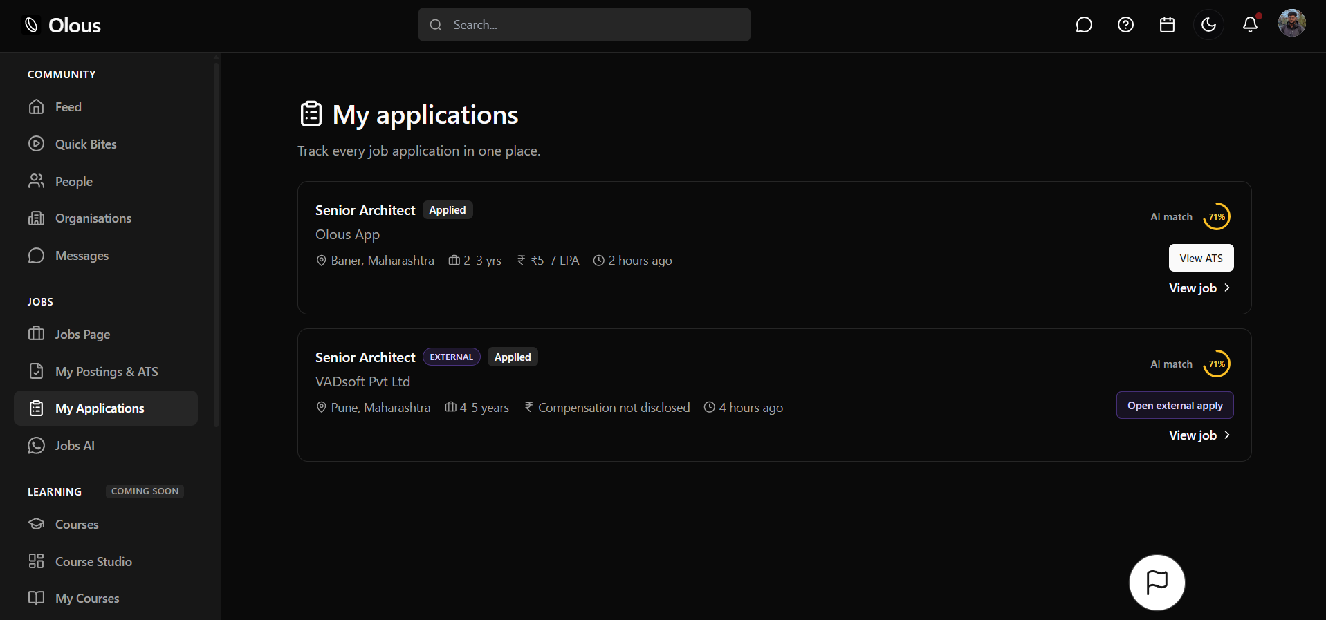 My Applications — track Olous and external job applications in one place