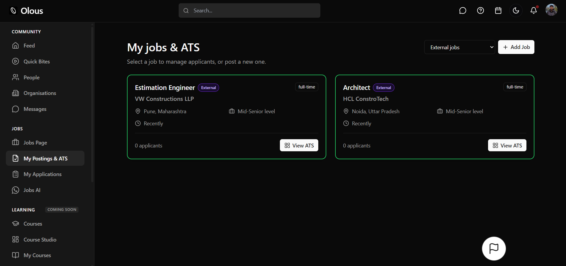 My jobs & ATS — manage external LinkedIn and careers-page postings on Olous