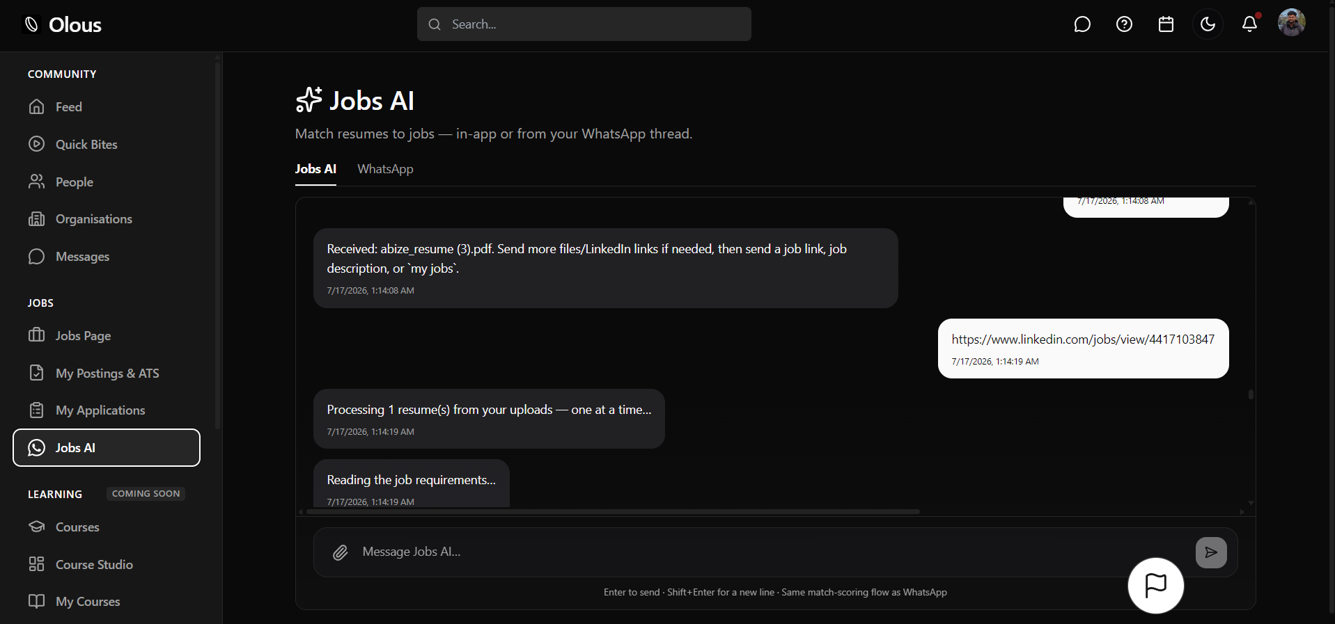Olous Jobs AI — match resumes to jobs in-app or from WhatsApp